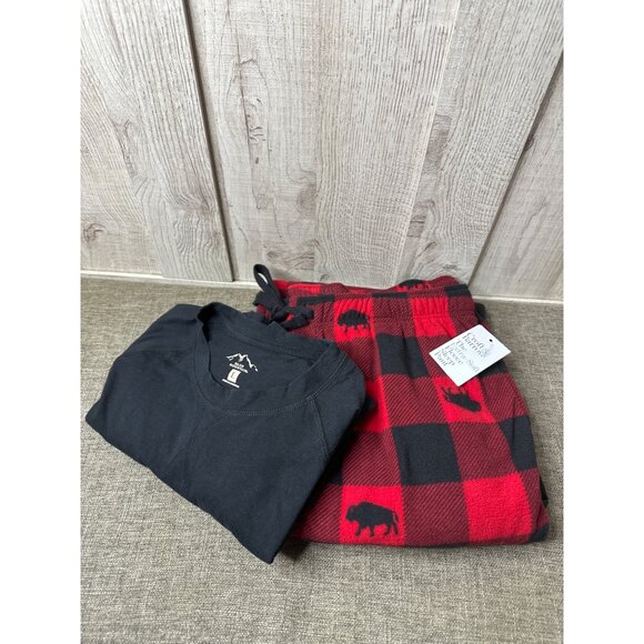Croft & Barrow Mens Red & Black Buffalo Plaid Pajama Pants Large w/ Black Shirt - Picture 1 of 12